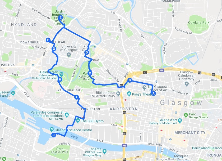 Itinéraires à Glasgow en 2 jours, jour 2 : Plan du parcours vers l'ouest chic et bohême.