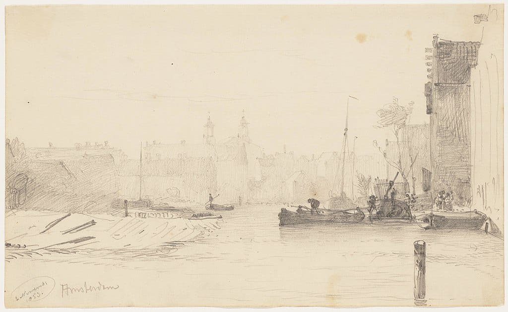 > Dessin d'Amsterdam par W.A. van Deventer aux archives municipales d'Amsterdam (1853).
