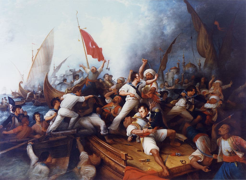 Abordage lors de la bataille de Tripoli (1804) , tableau de Dennis Malone Carter.